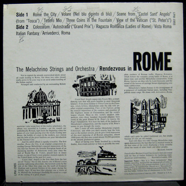 The Melachrino Strings - Rendezvous In Rome LP VG+ LPM-1955 Vinyl 1959 Record - Shuga Records
