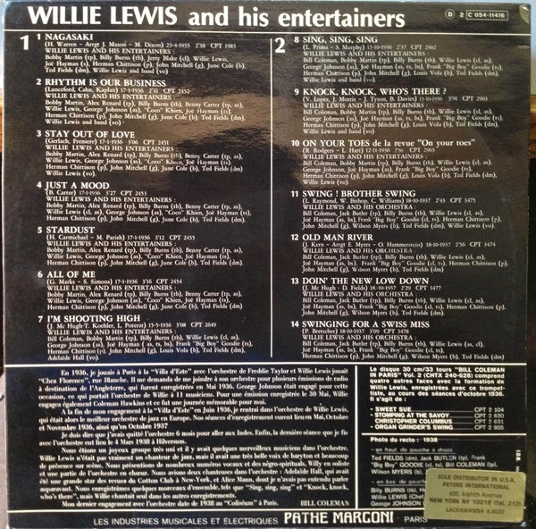 Willie Lewis And His Entertainers - 1935-1937 Featuring Benny Carter, Bill Coleman, Herman Chittison, Frank "Big Boy" Goodie - Mint- LP Record 1970s Pathé EMI France Vinyl - Jazz / Swing / Big Band - Shuga Records