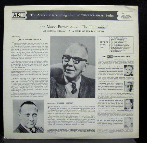John Mason Brown - Discusses The Humanities With Serrell Hillman - What Is Greatness? No.2 - VG+ (VG Cover) LP Record 1959 Academic Recording Institute USA Vinyl - Spoken Word / Comedy - Shuga Records