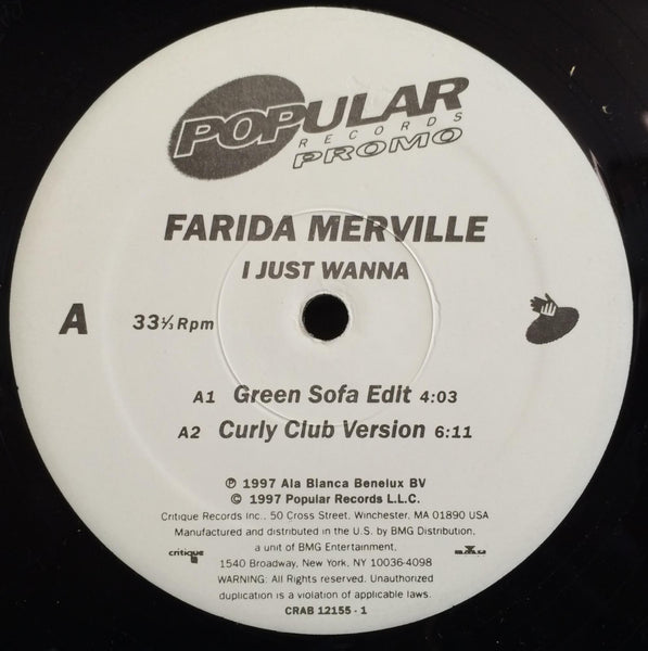 Farida Merville - I Just Wanna 12" Mint- CRAB 12155-1 House 1997 USA White Promo - Shuga Records