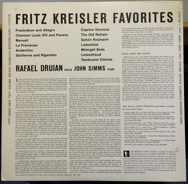 RAFAEL DRUIAN & JOHN SIMMS fritz kreisler favorites LP VG+ MG 50119 Mercury USA - Shuga Records