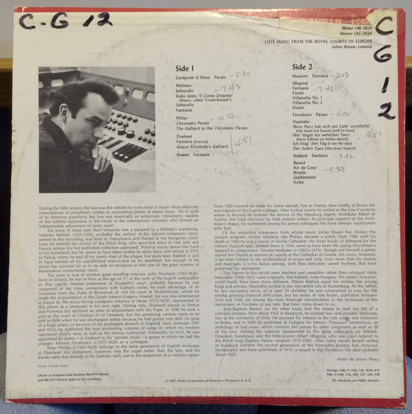 Julian Bream - Lute Music From The Royal Courts Of Europe LP VG+ LM-2924 1s/1s - Shuga Records