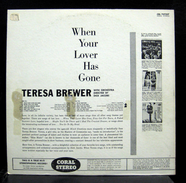 TERESA BREWER when your lover has gone LP VG+ CRL 757257 1st Press Vinyl Record - Shuga Records