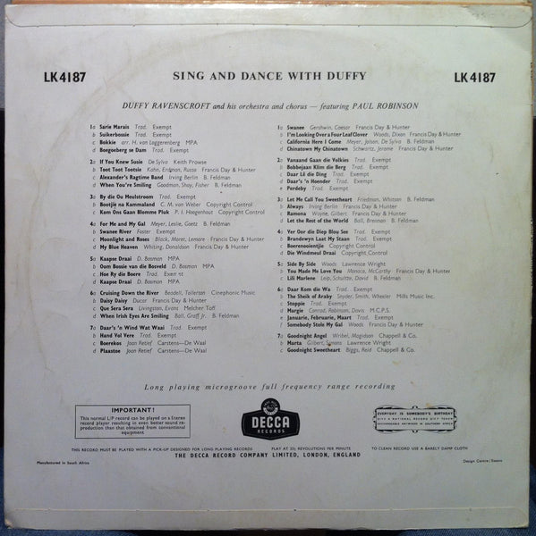 Duffy Ravenscroft - Sing And Dance With LP VG+ LK 4187 South Africa Press Decca - Shuga Records