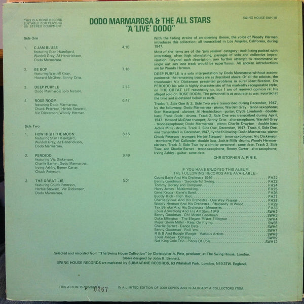 DODO MARMAROSA ALL STARS a live LP Mint- SWH 10 UK 1979 #'d Edition Jazz - Shuga Records
