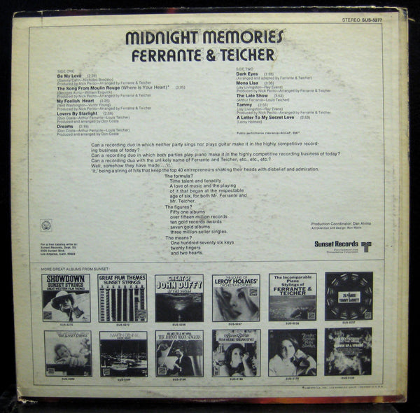 Ferrante & Teicher Midnight Memories LP Mint- SUS-5277 Vinyl 1970 Record - Shuga Records