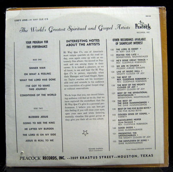 THE HIGHWAY QC'S / QUE C'S god is love LP VG+ Peacock PLP 155 Stereo RARE 1974 - Shuga Records