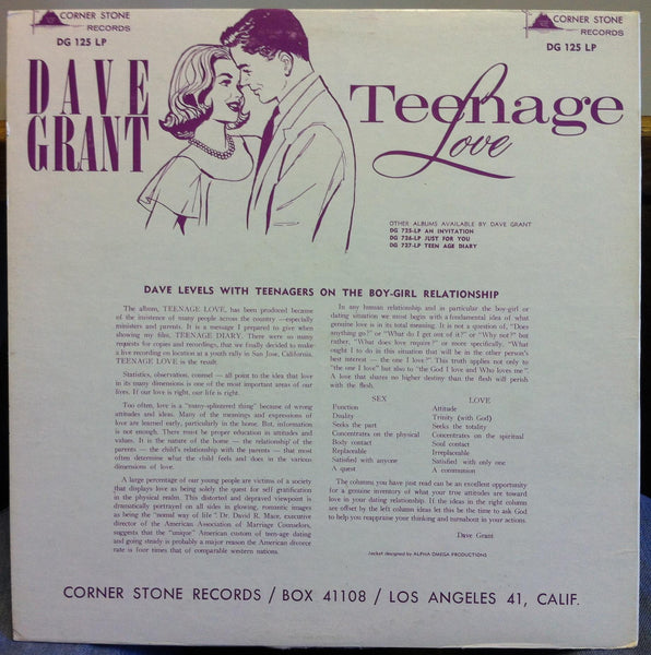 Dave Grant - Teenage Love - VG+ LP Record 1960s CornerStone USA Vinyl - Spoken Word / Non-Music / Religious - Shuga Records