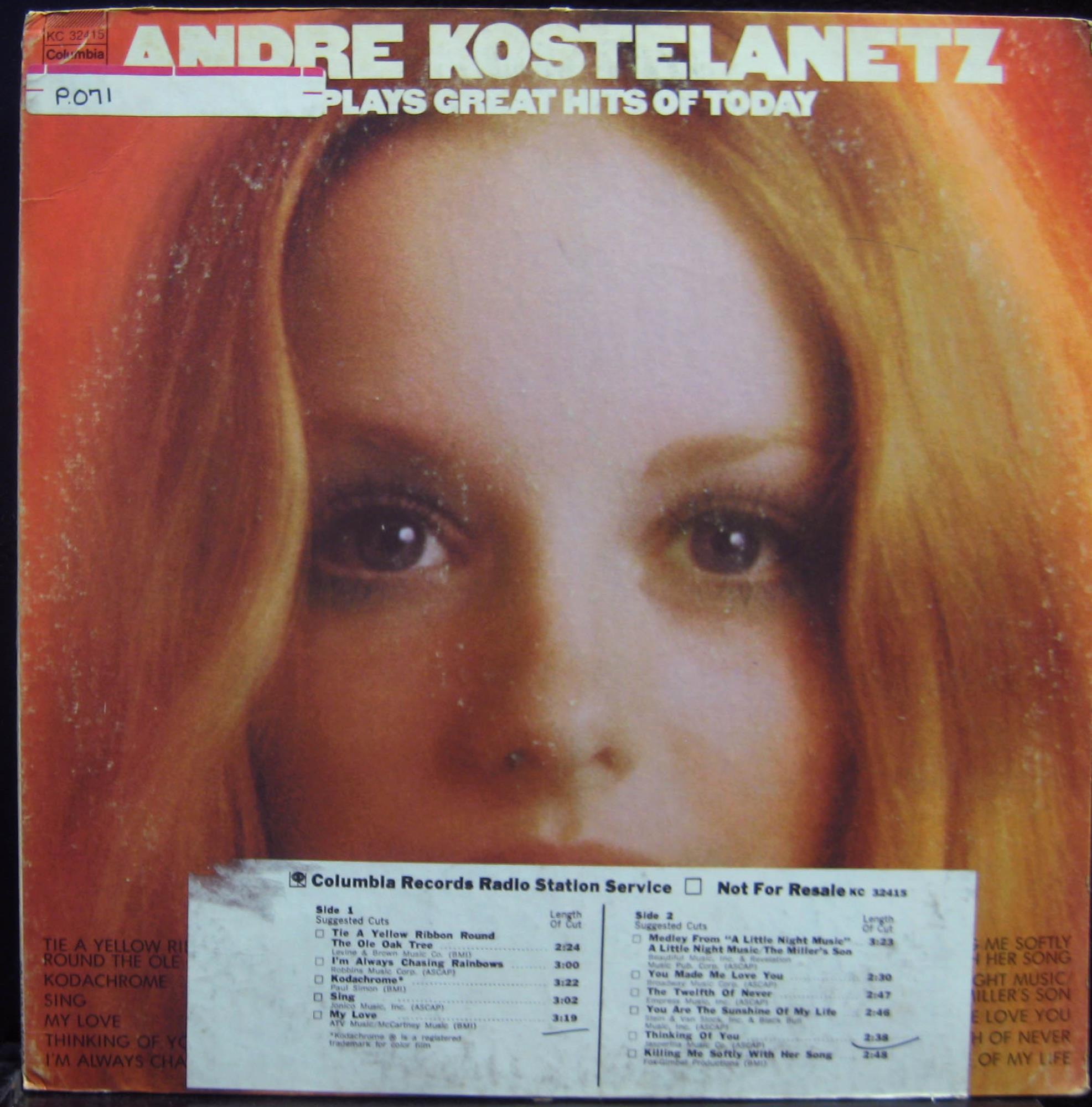 Andre Kostelanetz - Great Hits Of Today LP VG+ Promo KC 32415 Vinyl 1973 Record - Shuga Records