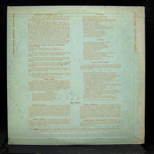 Daniel Pinkham - Couperin First Tenebrae Service LP VG+ ALG 91 Allegro USA 50s - Shuga Records