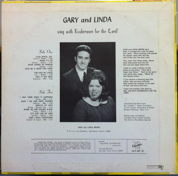 Gary & Linda Brown - Sing With Exuberance For The Lord LP VG+ Private Xian 60's - Shuga Records