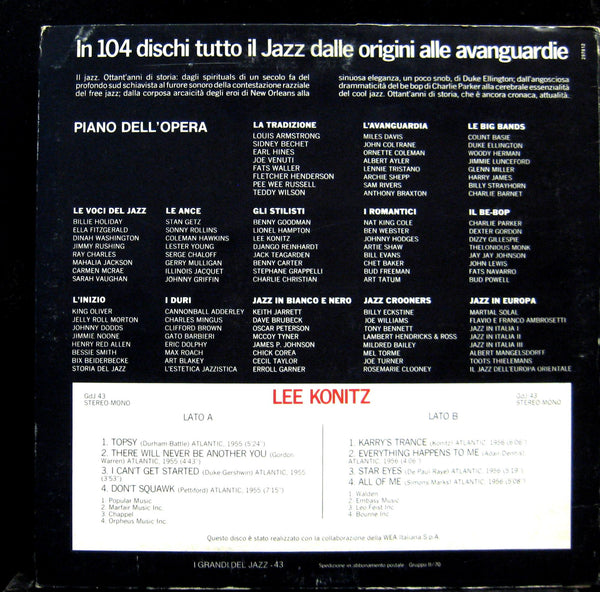 Lee Konitz - I Grandi Del Jazz 43 - Mint- LP Record 1981 Italy Fabbri Editori Italy Vinyl & Booklet - - Shuga Records