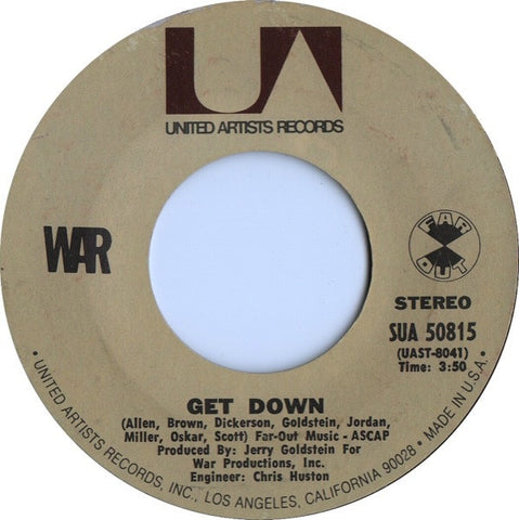 War ‎– Get Down / All Day Music - VG+ 7" Single 45 rpm 1971 United Artists USA - Soul