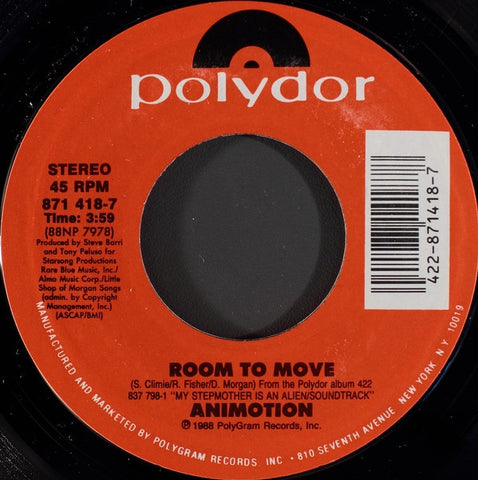 Animotion ‎– Room To Move / Send It Over MINT- 7" Single (from the Motion Picture 'My Stepmother Is An Alien') 1988 Polydor Stereo - Soundtrack / Synth-Pop