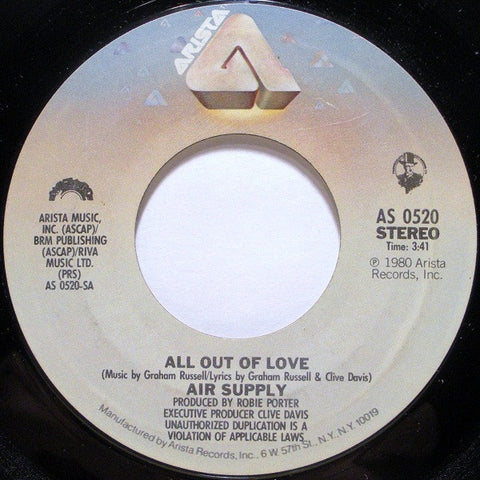 Air Supply ‎- All Out Of Love - VG+ 7" Single 45 RPM 1980 USA - Rock / Pop