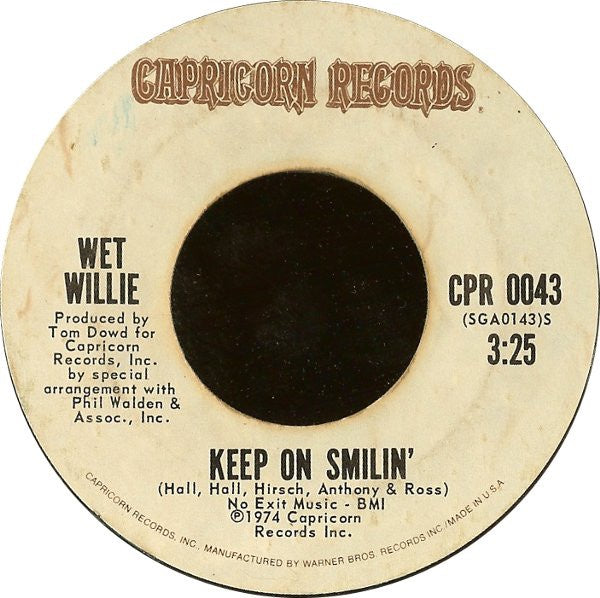 Wet Willie ‎– Keep On Smilin' / Soul Jones - VG+ 7" Single 45 rpm 1974 Capricorn USA - Soul