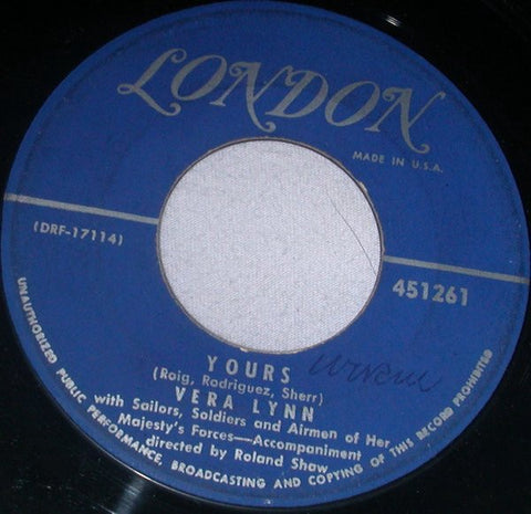 Vera Lynn ‎– Yours / The Love Of My Life - MInt- 45rpm 1952 USA London Records - Jazz / Pop