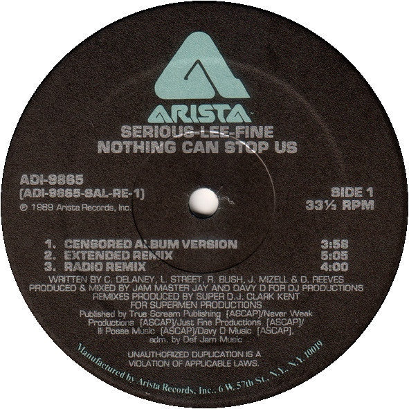 Serious-Lee-Fine ‎- Nothing Can Stop Us - VG+ 12" Single 1989 USA - Rap / Hip Hop - Shuga Records
