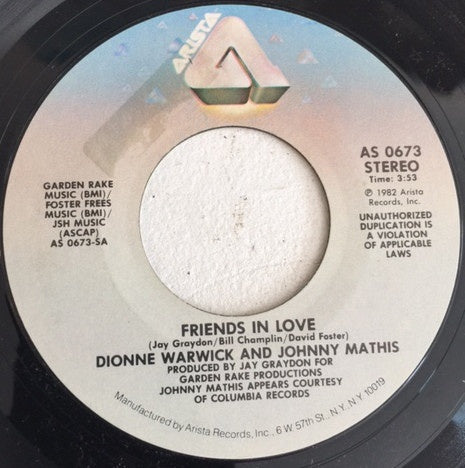Dionne Warwick And Johnny Mathis - Friends In Love / What Is This - Mint- 7" Single 45RPM 1982 Arista USA - Soul - Shuga Records