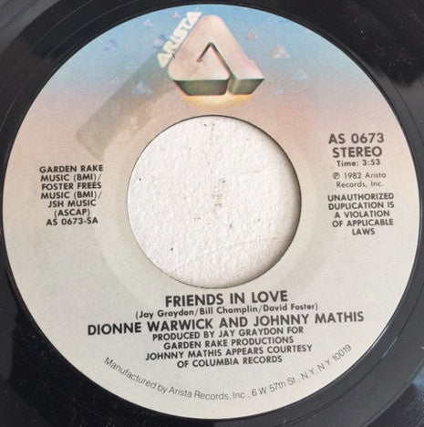 Dionne Warwick And Johnny Mathis - Friends In Love / What Is This - Mint- 7" Single 45RPM 1982 Arista USA - Soul