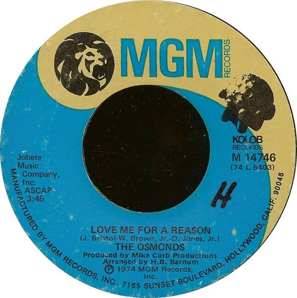 The Osmonds ‎– Love Me For A Reason / F E V E R -VG+ 45rpm 1974 USA - Rock / Pop - Shuga Records