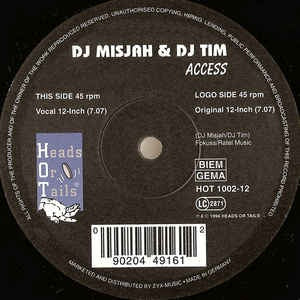 DJ Misjah & DJ Tim ‎– Access - VG+ 12" Single 1996 Heads Or Tails Germany - Trance / Acid - Shuga Records