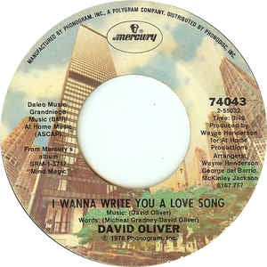 David Oliver- I Wanna Write You A Love Song / Take My Emptiness- VG+ 7" Single 45RPM- 1978 Mercury USA- Funk/Soul