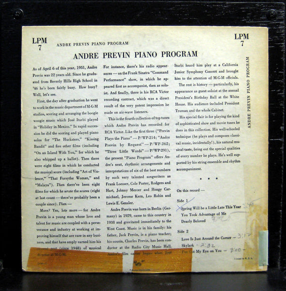 ANDRE PREVIN piano program 10" VG LPM-7 RCA Mono USA Jazz 1950's