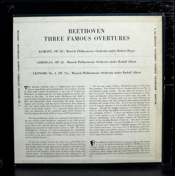 Albert & Heger - Beethoven Three Famous Overtures 10" VG MG 15002 Mercury 50s - Shuga Records