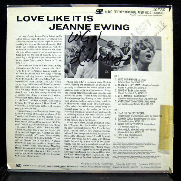 Jeanne Ewing - Love Like It Is - VG+ LP Record 1968 Audio Fidelity Stereo US Vinyl - Jazz - Shuga Records