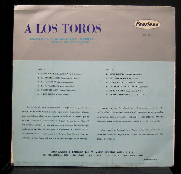 A Los Toros - Mariachis Guadalajara Mexico LP VG+ LD 319 Peru Mono Rare - Shuga Records