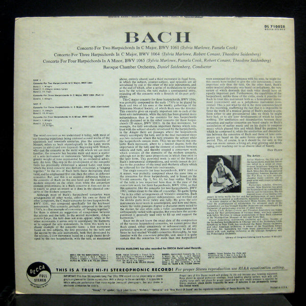 Sylvia Marlowe - Bach Concerto for Harpsichords LP VG DL 710028 Decca USA Vinyl - Shuga Records