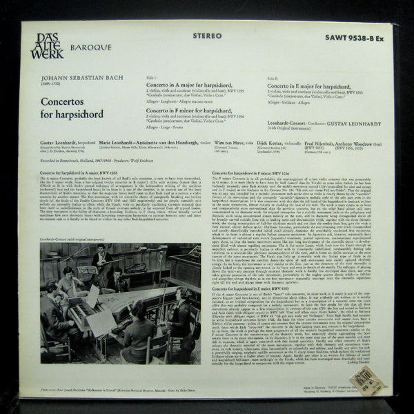 Gustav Leonhardt - Bach Concertos for Harpsichord Mint- 12" LP Vinyl SAWT 9538 - Shuga Records