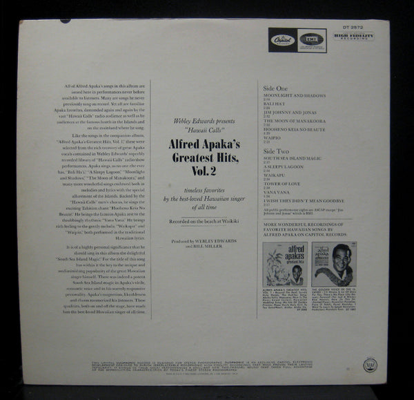 Alfred Apaka's Greatest Hits Vol. 2 LP Mint- 1968 Stereo USA DT 2572 Capitol - Shuga Records
