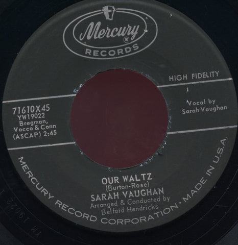Sarah Vaughan ‎- Our Waltz / Some Other Spring - VG 7" Single 45 RPM 1960 USA - Jazz / Vocal