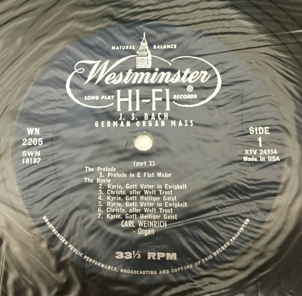 Carl Weinrich Bach Organ Works Vol III LP Mint- 1956 Westminster XWN 18187 - Shuga Records