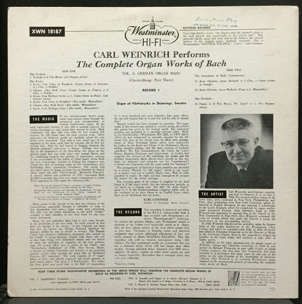 Carl Weinrich Bach Organ Works Vol III LP Mint- 1956 Westminster XWN 18187 - Shuga Records
