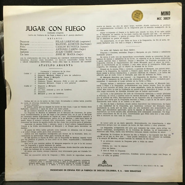 Argenta Barbieri Jugar con fuego LP Mint- 1965 Alhambra MCC 30029 Colombia Mono - Shuga Records