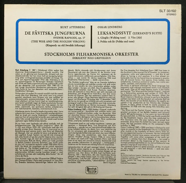 Grevillius Atterberg/Lindberg LP Mint- Swedish Society Discofil SLT 33192 Stereo - Shuga Records