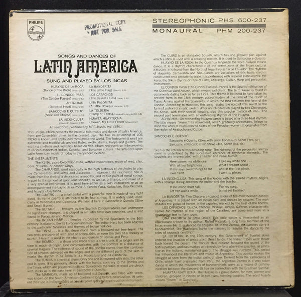 Los Incas Songs And Dances Of Latin America LP VG+ WLP 1967 Promo PHM 200-237 - Shuga Records