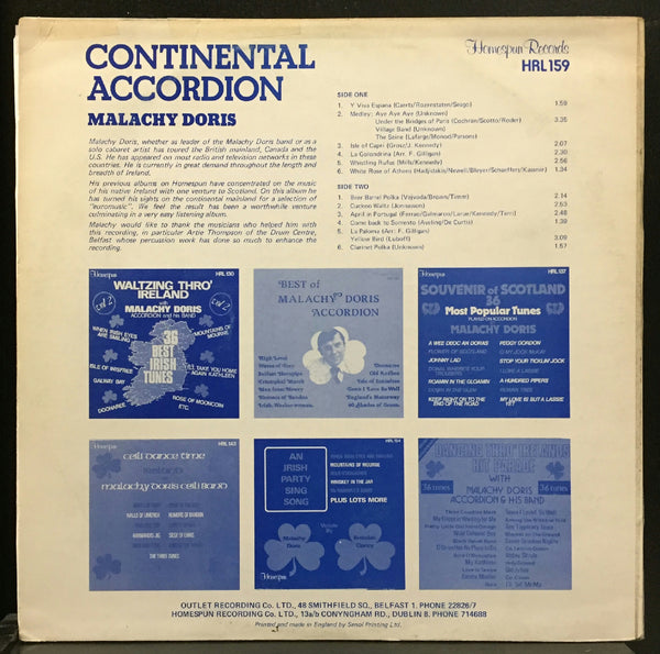 Malachy Doris Continental Accordion LP Mint- 1979 UK Homespun HRL 159 Irish Rare - Shuga Records