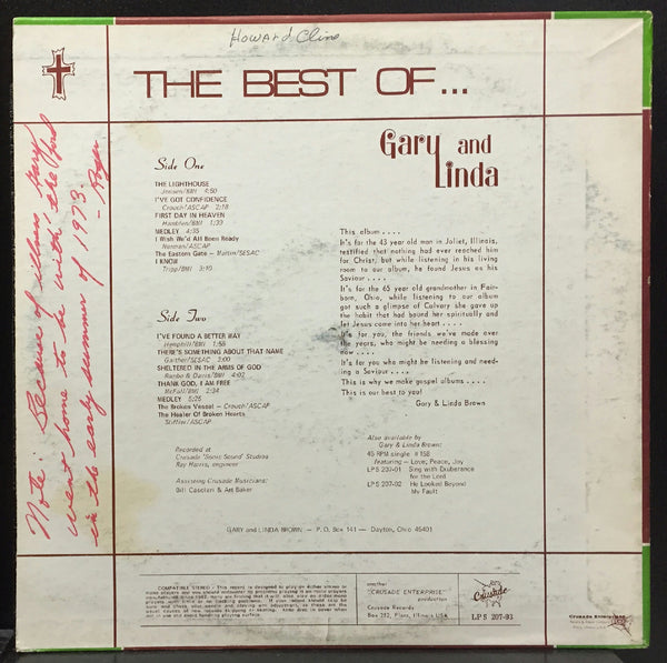 Gary & Linda Brown The Best Of LP VG+ Priavte Press Ohio US Xian Folk Strange