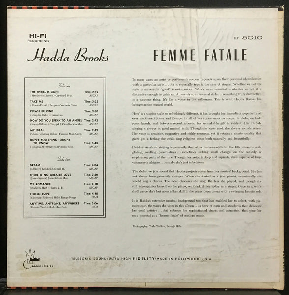 Hadda Brooks Femme Fatale LP VG+ Mono 1957 USA Crown CLP 5010 Jazz Vocal - Shuga Records
