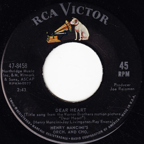 Henry Mancini's Orchestra And Choir ‎– Dear Heart / How Soon VG+ 7" Single - 1964 RCA Victor - Soundtrack