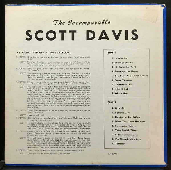 Scott Davis The Incomparable LP VG Private 1960s AZ USA Jazz Piano SIGNED Mono - Shuga Records