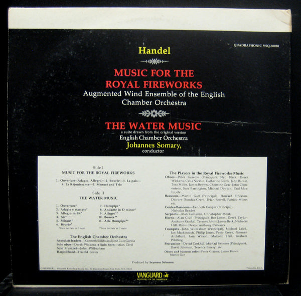 Somary Handel Royal Fireworks LP VG+ VSQ 30020 Vanguard Quadraphonic - Shuga Records