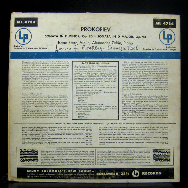 Isaac Stern & Zakin Prokofiev Violin Sonatas LP VG+ ML 4734 Mono 1953 ED1 USA - Shuga Records