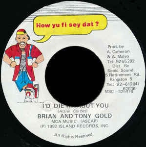 Brian And Tony Gold- I'd Die Without You- VG 7" Single 45RPM- 1992 How Yu Fi Sey Dat? Jamaica- Reggae