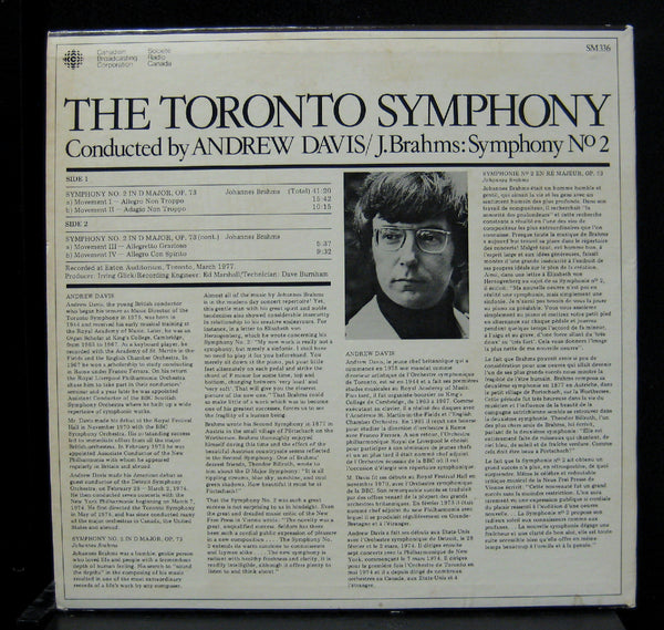 Andrew Davis - Brahms Symphony No. 2 LP VG+ SM 336 Radio Canada 1977 Vinyl - Shuga Records