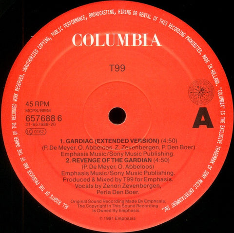 T99 ‎– Gardiac - Mint- 12" Single Record - 1991 UK Columbia - Techno / Hardcore
